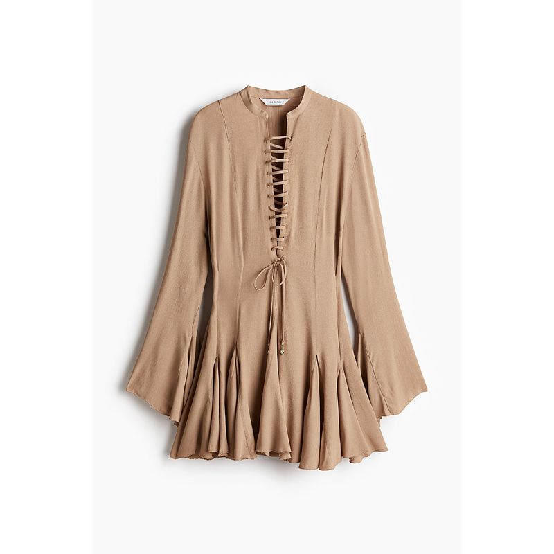 

HM S/S 2025 Women s Clothing Dress Autumn New Arrival Wave Style Wear Flared Shoelace Decorative Skirt 1284965 Beige 155/80