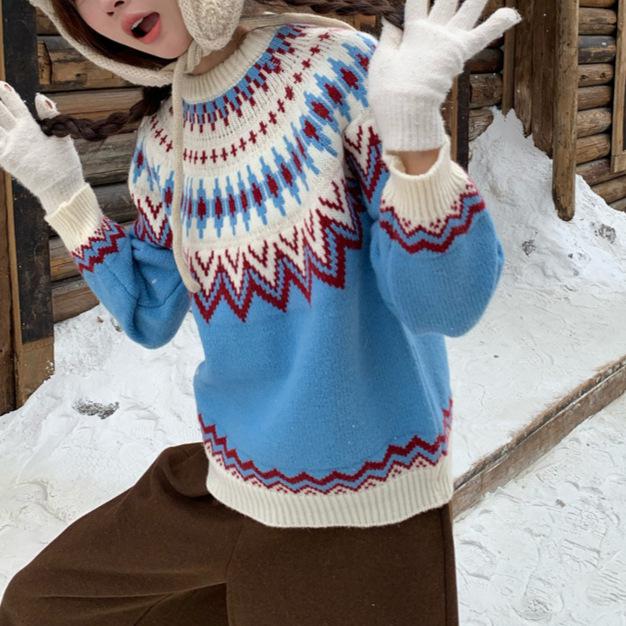 Women's Nordic Style Fair Isle Knit Sweater – Retro, Round Neck, Long Sleeve, Warm and Fashionable for Fall and Winter.