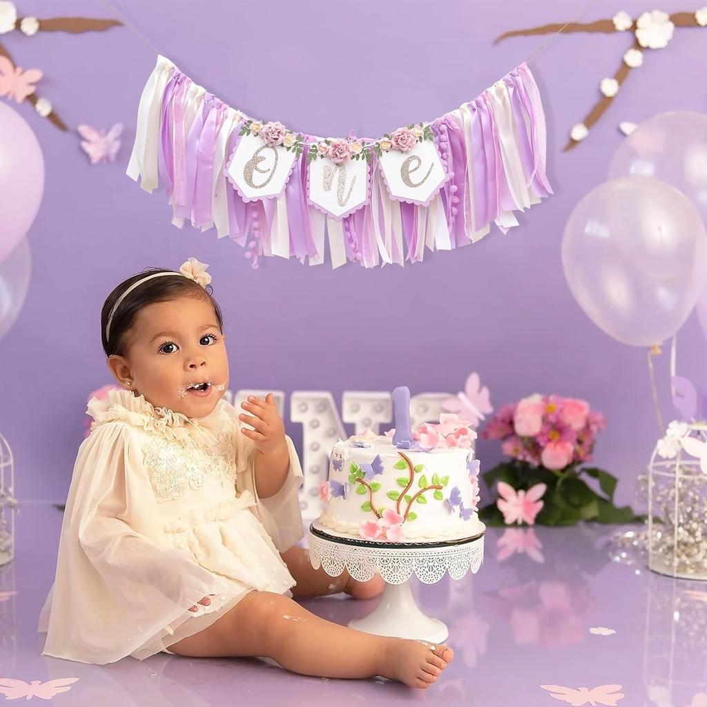 Baby Girl 1st birthday highchair banner -Purple Floral Garland, Purple And Pink First Birthday Decoration, Rose 1st Bday Banner, floral birthday
