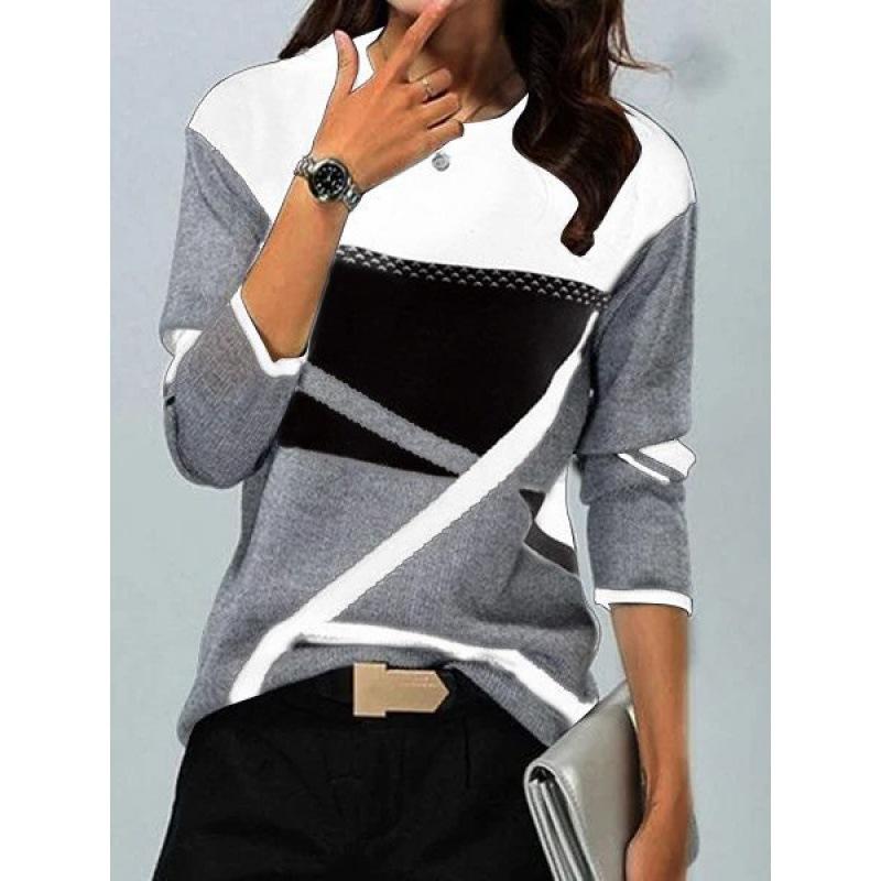 Women‘s Round Neck Long Sleeve Loose Fit T-Shirt Colorblock Print Plus Top