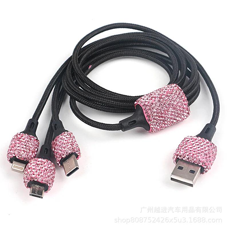USB Car Charger Pink Crystal Diamond 5V 2.1A Dual Port Fast Charging Adapter 3 in 1 Charging Cable for IPhone Samsung Huawei