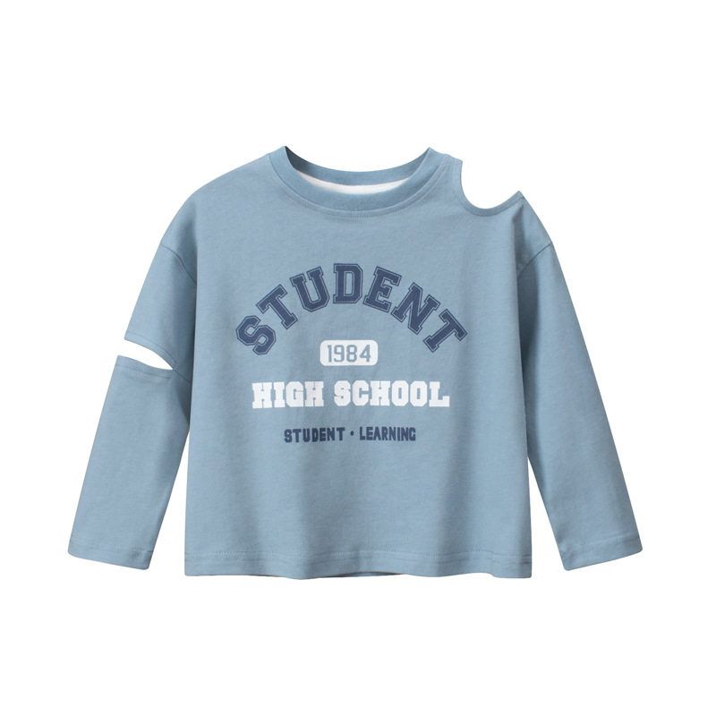 27home round Neck off-Shoulder Top Letter Long Sleeve T-shirt Light Blue 100