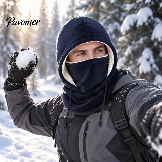 Adjustable Snowboard Hood with Drawstring Winter Balaclava Hat, Windproof Ski Mask Fleece Lined Face for Camping Cover, Cozy Neck Warmer Men
