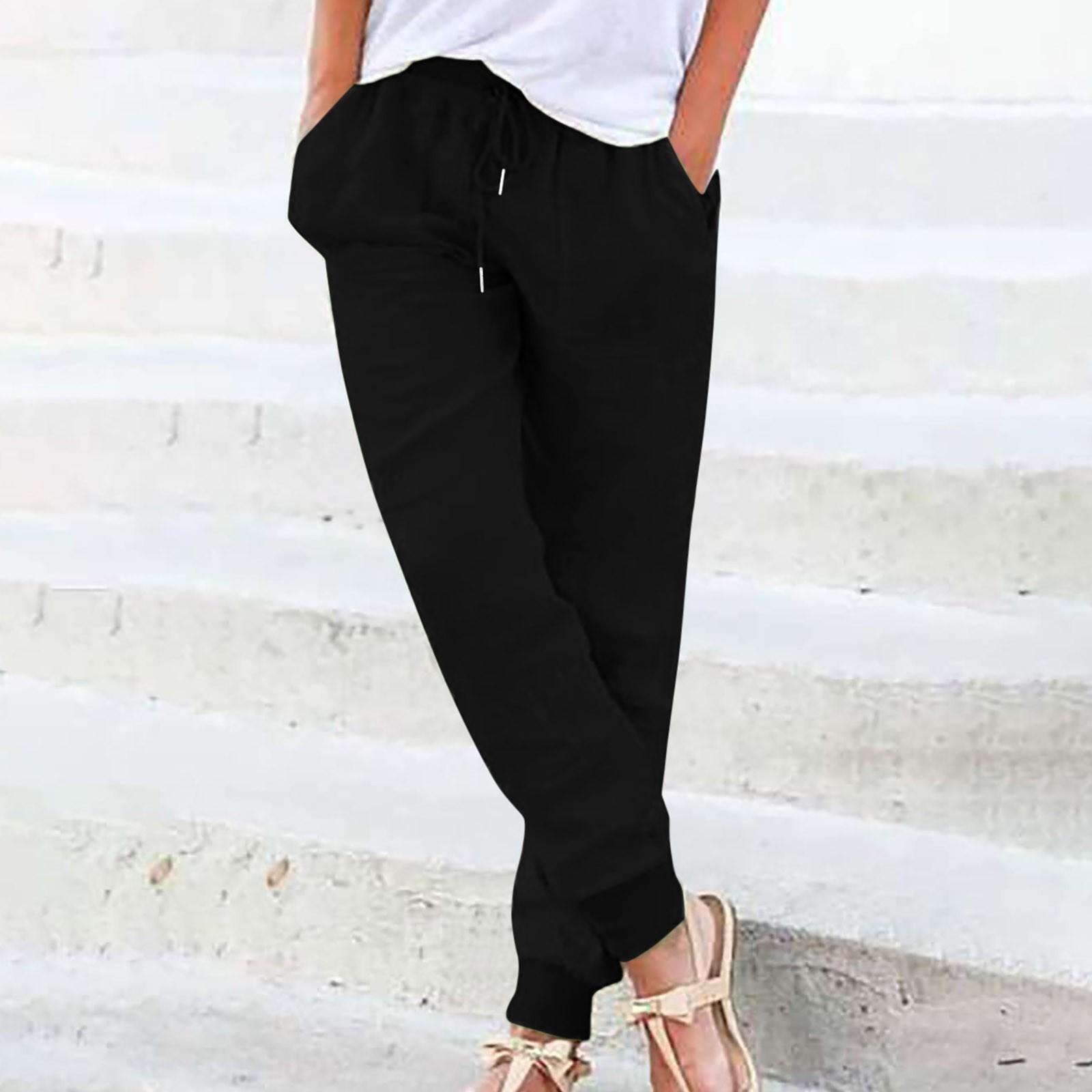

Женские модные свободные повседневные однотонные брюки из хлопка и льна с эластичной нитью и застежкой XXXL чёрный