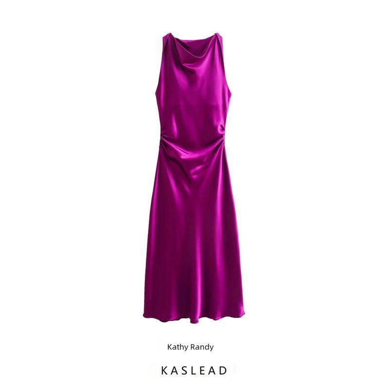Women's New Fashion Wind Silk Satin Midi Skirt Dress