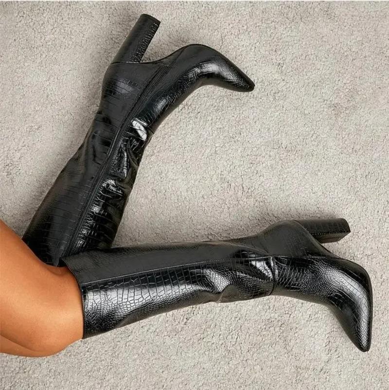 Fashion Charming Red Crocodile Pattern Leather Knee High Boots Women Fashion Pointed Toe Side Zip Designer Boot Sexy Party Stripper Shoe