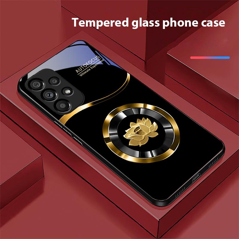 Circle Lotus Gold For Samsung Galaxy S 8 9 10 20 Plus 21 FE 22 23 24 Ultra S7 Edge Black Tempered Glass Phone Case Hard Shell