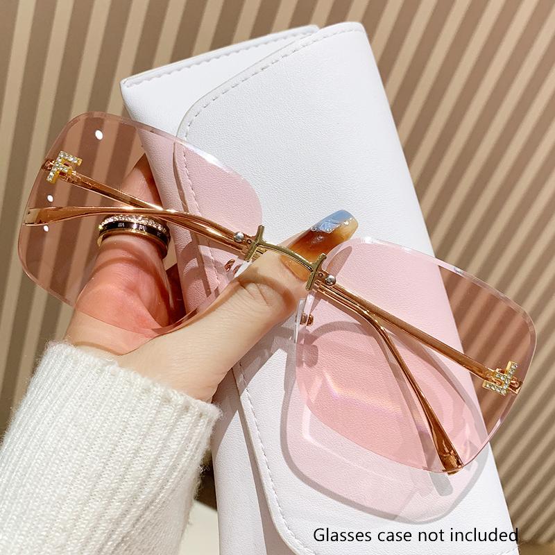 Autumn New Metal Rimless Sunglasses Trend Glasses Letter F Diamond-Encrusted Square Large Frame Sunglasses Female