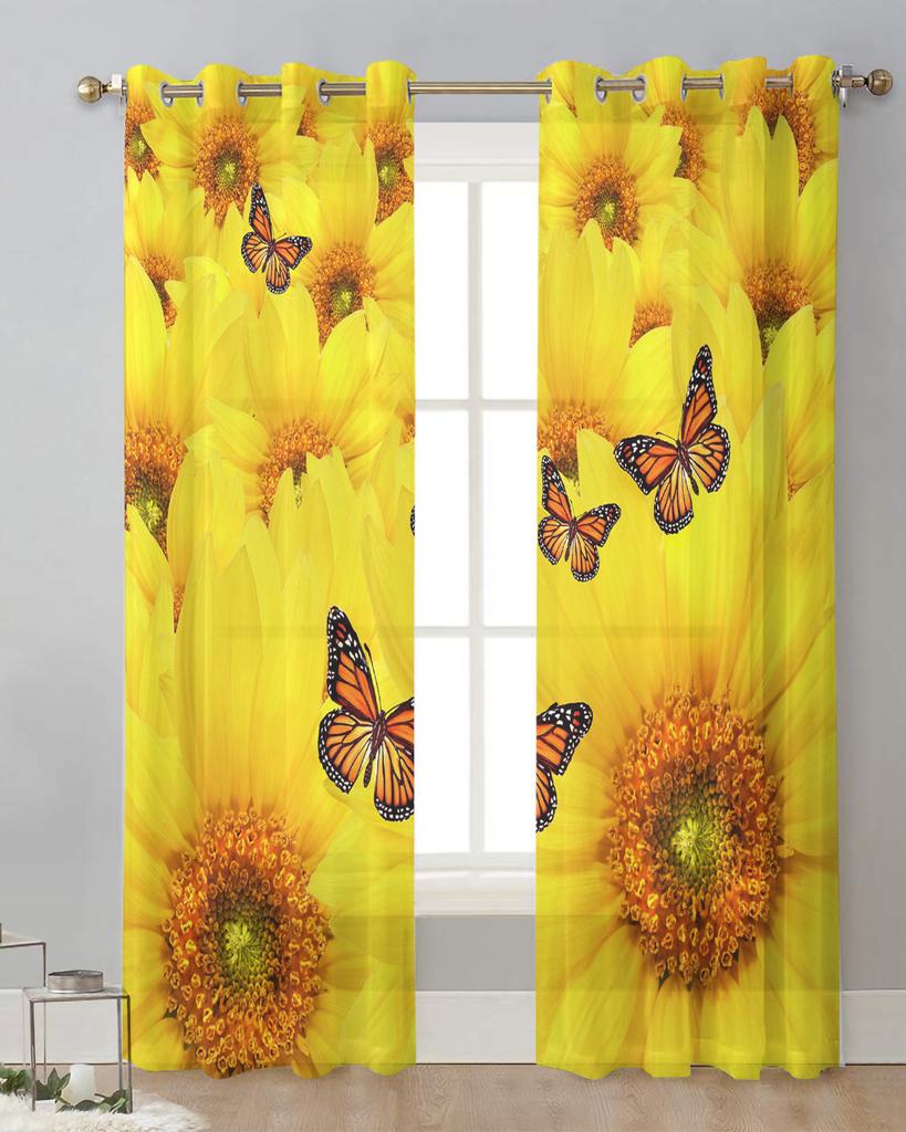 Yellow Sunflower Butterfly Flowers Plant Sheer Curtains for Living Room Decoration Window Curtains Kitchen Tulle Voile Curtains