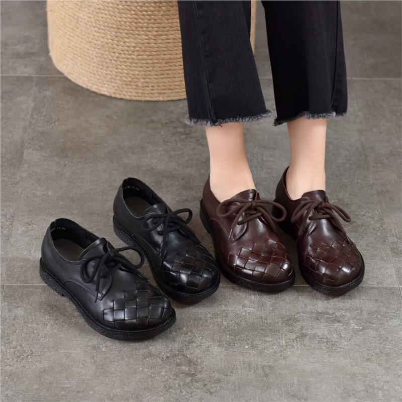 Johnature Vintage Genuine Leather Woven Low Heel Shoes Versatile Round Toe Lace Up Women's Shoes