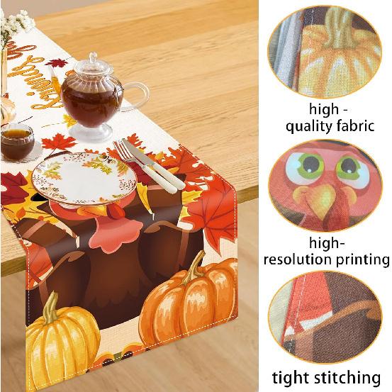 Friendsgiving Table Runner Friendsgiving Tablecloth 13x72in Long Linen Fall Turkey Maple Leaves Pumpkin Happy Friends Giving Runners for Indoor