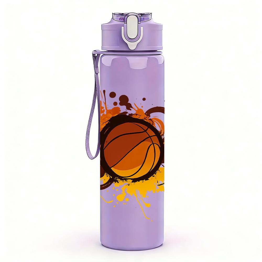 1PC Splashing Orange Basketball Graphic 750ml Color Plastic Sports Water Bottle Leakproof Flip Straw Lid For Sports Office Home Use