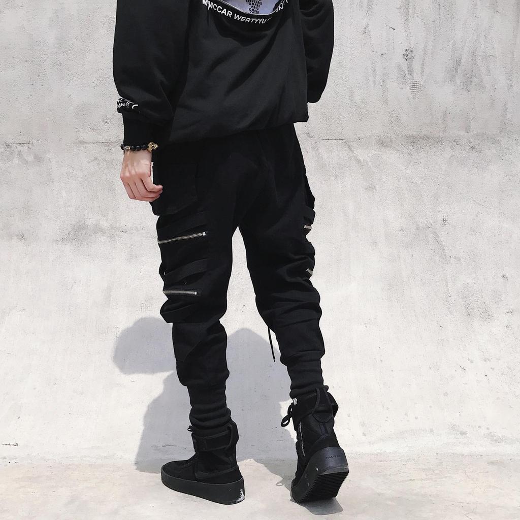 Men's Slim Fit Chinese Style Work Pants with Zipper and Ribbon Detail