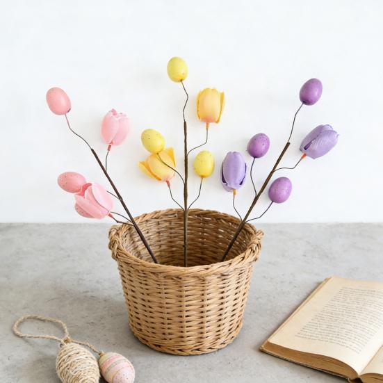 Easter Eggs Picks Spring Artificial Tulip Flower Stem with Eggs Floral Arrangement for Home Vase Filler Table Centerpiece
