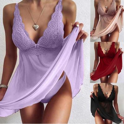 Moda Femenina Ropa de Dormir Encaje Tirantes Lencería Vestido Sin Espalda Ropa Interior Babydoll Ropa de Noche Vestido de Encaje Camisón Talla Grande EMA