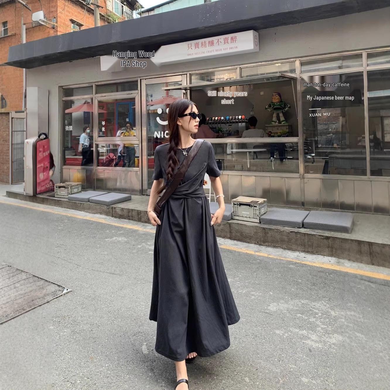Summer 2026 French Hepburn-Inspired Slimming Dress Double Extra Large глубокий/серый