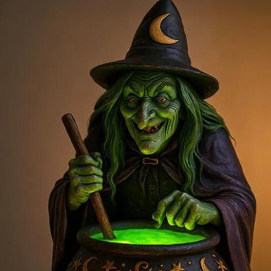 Halloween Witch Cauldron Lamp with Eerie Green Glow LED Landscape Light Spooky Witch Brewing Pot Light for Living Room Bedroom Office