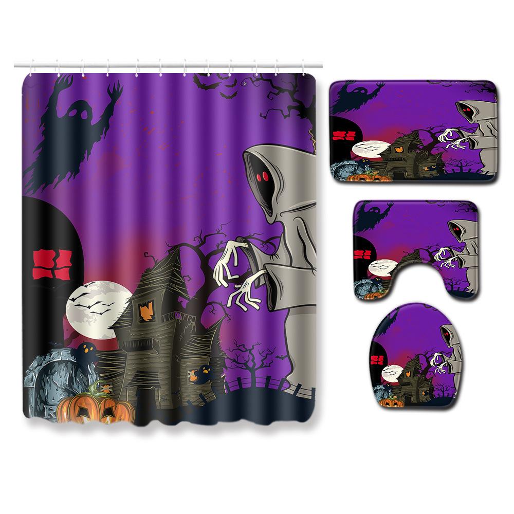 Halloween Shower Curtain Floor Mat Combination Four-Piece Set Bathroom Toilet Carpet Shower Room Foot Door Mat