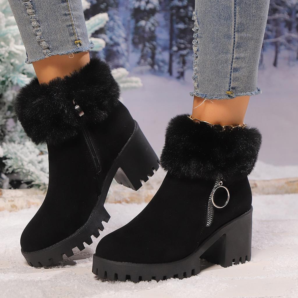 Fashion Faux Fur Chunky Heeled Ankle Boots Women 2024 Winter Thicken Warm Plush Snow Boots Woman Zipper High Heels Platform Botas Mujer