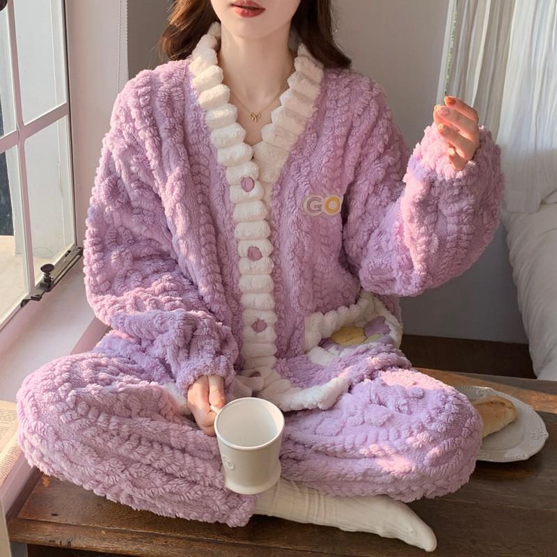 Soft Coral Fleece Pajama Set Women Winter Warm Thick Long Sleeve Lounge Wear Outfit
