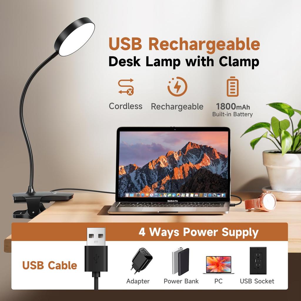 USB Rechargeable LED Readind Desk Lamp 3 Color Modes Dimmable Clip Touch Eye Protection Task Light Gooseneck for Office Study