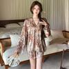 Spring and Summer National Style High-end Ice Silk Pajamas Women's Long-sleeved Shorts Loose Large Size Temperament Loungewear Set Popular
