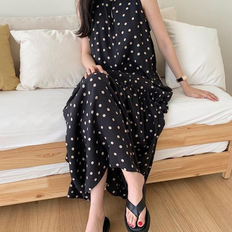 Lazy seaside resort style sleeveless vest polka dot long skirt Han Fan temperament loose long dress