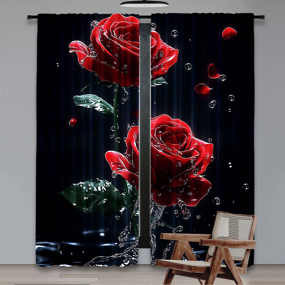 2Pcs Blooming Red Roses With Water Drops Printed Curtain Glam Style For Bedroom Office Kitchen Living Room Study Bathroom