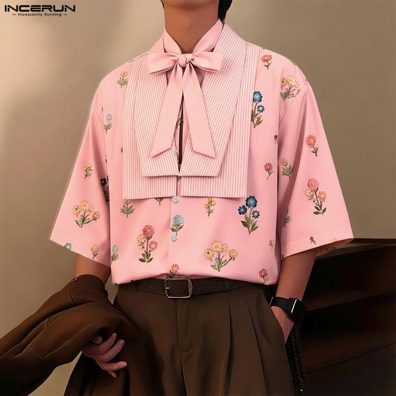 INCERUN Men Lapel Neck Short Sleeve Floral Print Striped Patchwork Casual Summer Shirts Tops