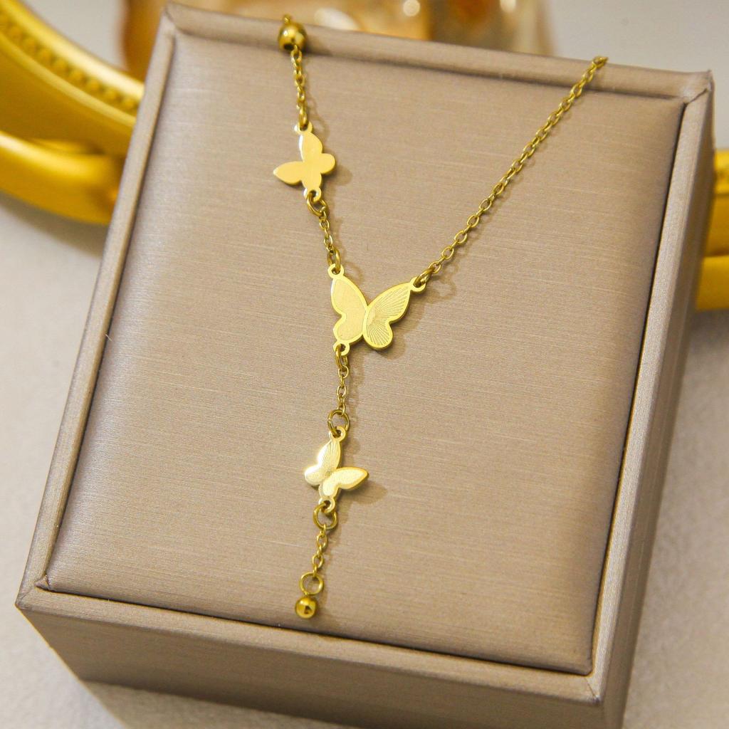 Titanium Steel Butterfly Tassel Necklace Minimalist Luxury Design Gentle Versatile Elegant Gold Tone Jewelry