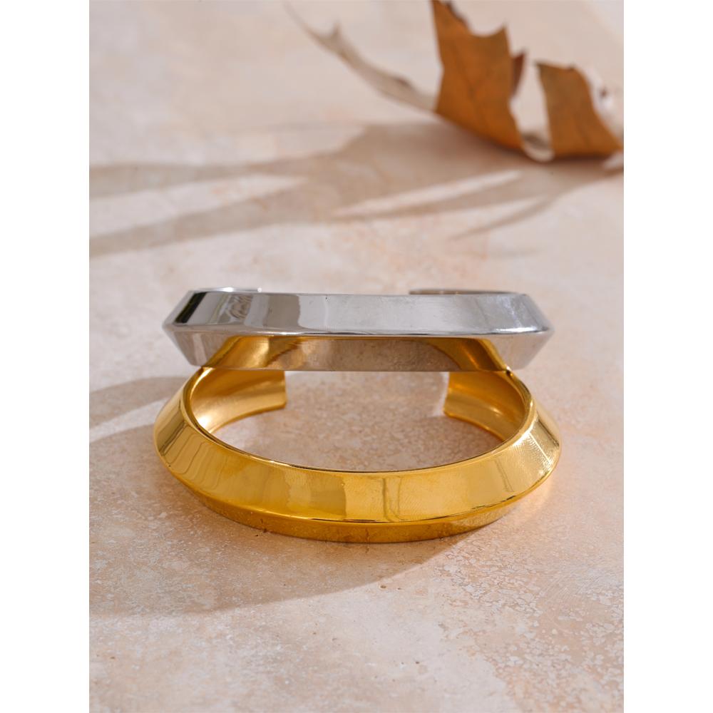 Yhpup 55cm Gold PVD Plated Stainless Steel Smooth Polished Cuff Bracelet Waterproof Fashion Charm High Quality Bangle for Women