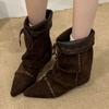 Fashion Autumn Retro Brown Faux Suede Boots Women Fashion Pointed Toe Lace-Up Ankle Boots Comfort Non-slip Flat Boots Botines De Mujer