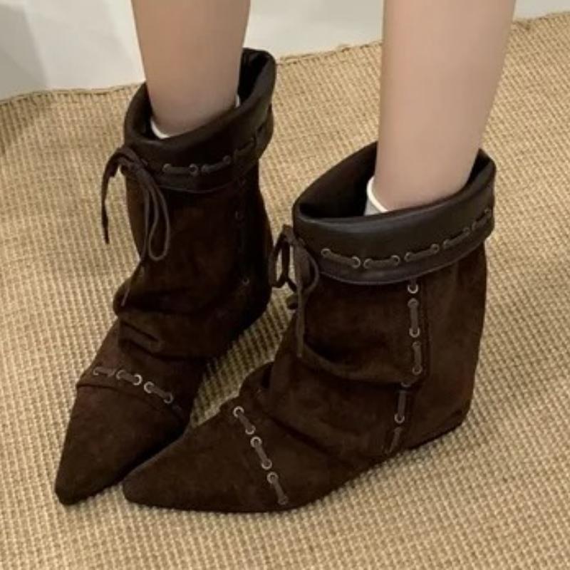 Fashion Autumn Retro Brown Faux Suede Boots Women Fashion Pointed Toe Lace-Up Ankle Boots Comfort Non-slip Flat Boots Botines De Mujer