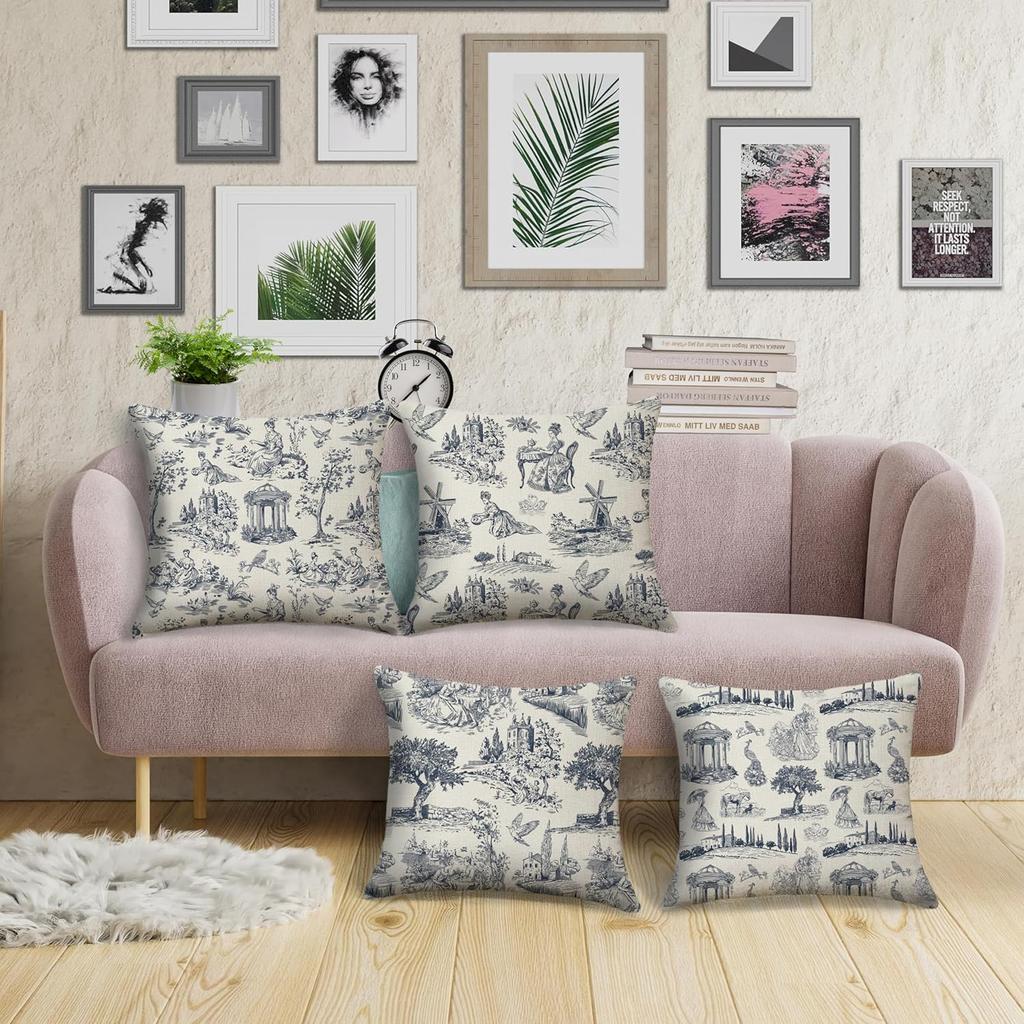 HOSTECCO French Country Toile Throw Pillow Covers 18x18 inches Set of 4 Blue Toile Linen Pillow Cases Vintage Farmhouse Decorative Cushion Covers for