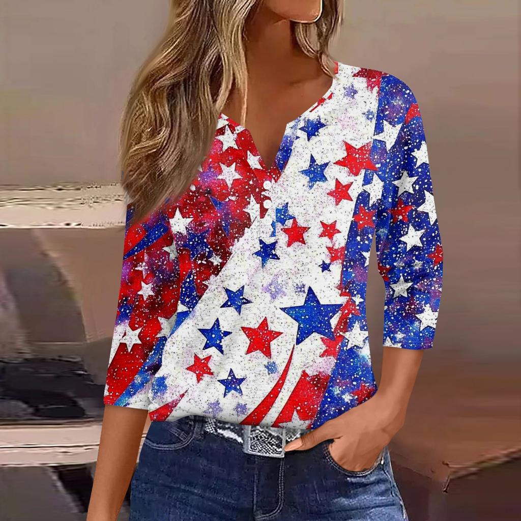 T-skjorte for kvinner T-skjorte med knapp 3/4 ermer Daglig helgmote Basic V-hals vanlig topp