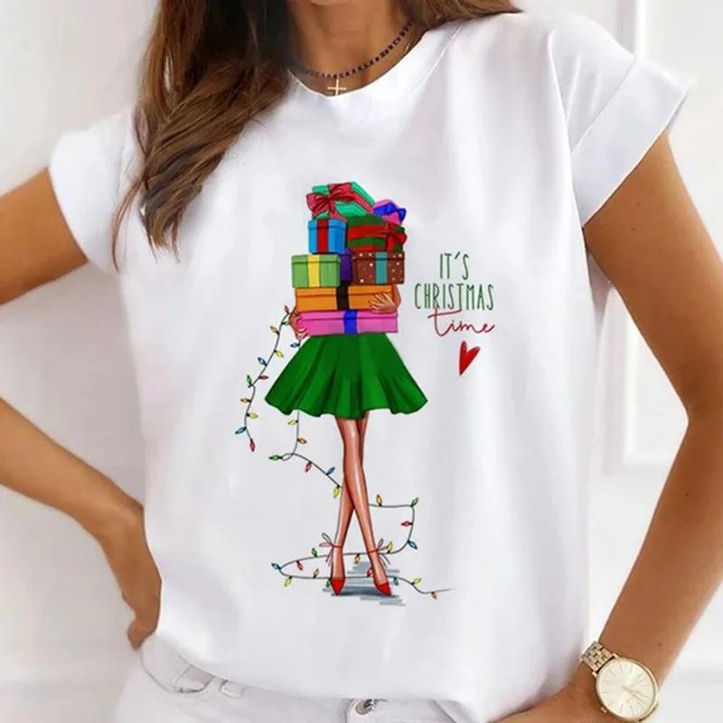 Festival Christmas Printed Short Sleeved Casual Womens Tshirt Crewneck Tops Kawaii Fashion Women TShirt Clothes Harajuku