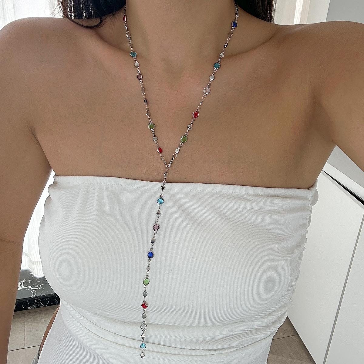 

31.2in Fashion Colorful Glass Long Y-Shaped Necklace for Women Metal Collarbone Chain Summer Holiday Party Body Jewelry