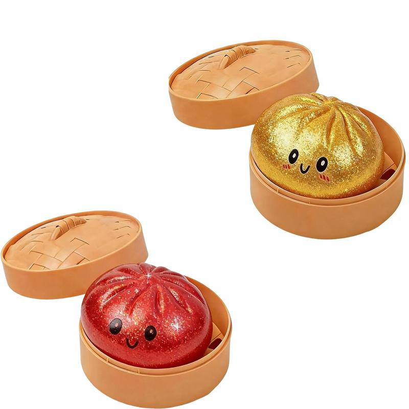 Glitter Dumplings Stress Relief Toy Cute Steamed Bun Squishy Toy with Steamer Box Fidget Toy Soft Slow Resilience Stress Relief Sensory Squeeze Toy