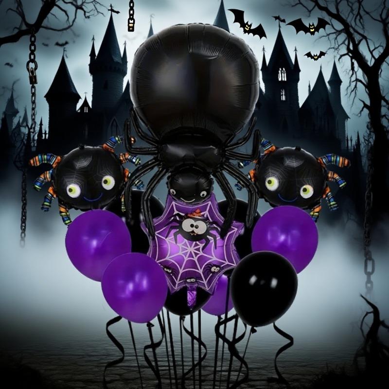 

Halloween Spider 12-piece set, spiders paired with black and purple round balls, Halloween festival party decoration balloons
