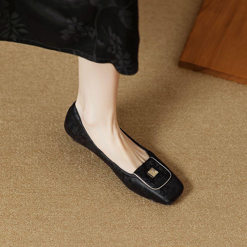 Giant soft retro leather single shoes women's spring and autumn versatile square head low-heeled flats