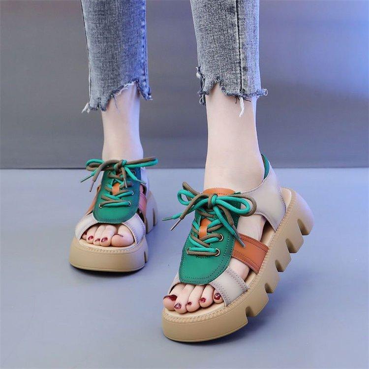 Women Leather Thick Soles Sandals Retro Wedges Slides Comfortable Outdoor Platform Sandal