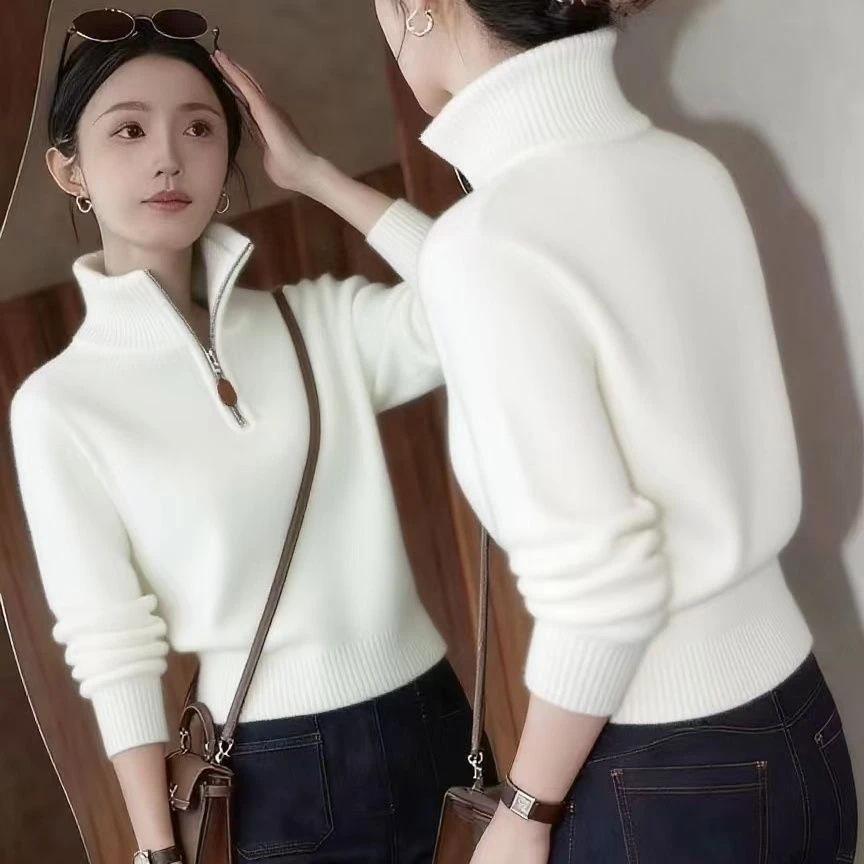 Women's Half-Zip High-Neck Slimming Knit Sweater - Fashionable Long-Sleeved Base Layer Top