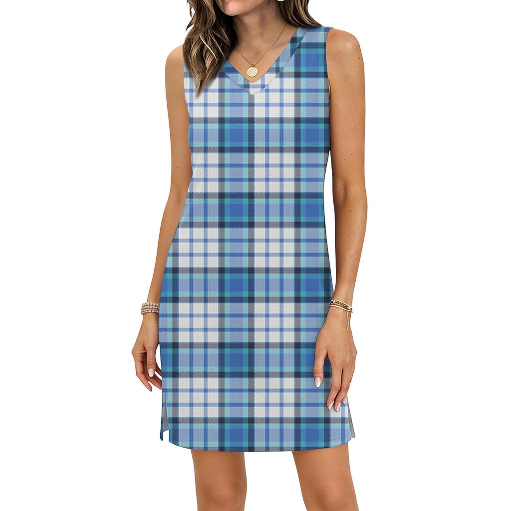 Women's Casual V-neck Sleeveless Split Hem Plaid Print Dress