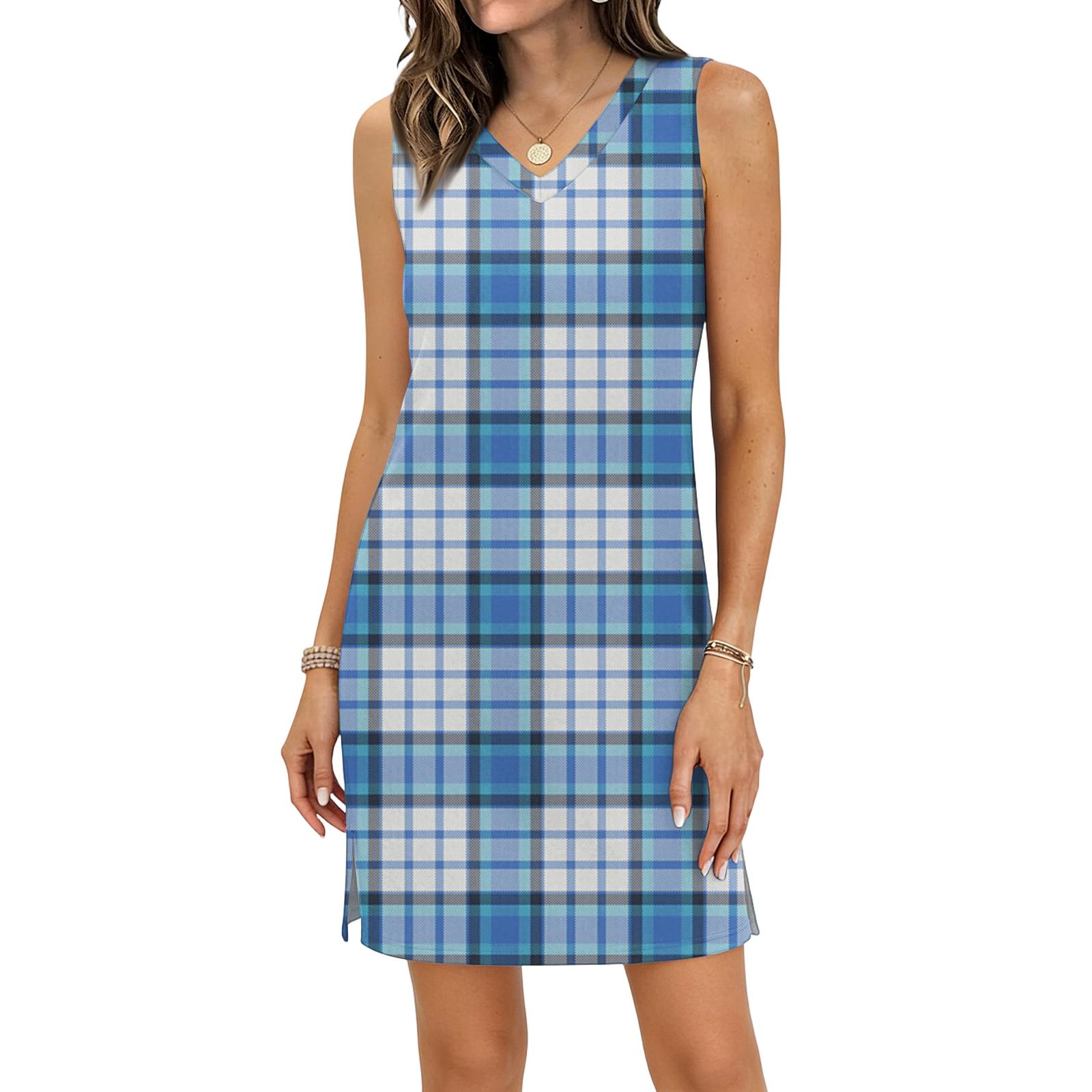 

Women s Casual V-neck Sleeveless Split Hem Plaid Print Dress XL