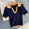 Damen 2024 Sommer Eis-Seide Kurzarm Polo-Top - Colorblock Slim-Fit Strickware