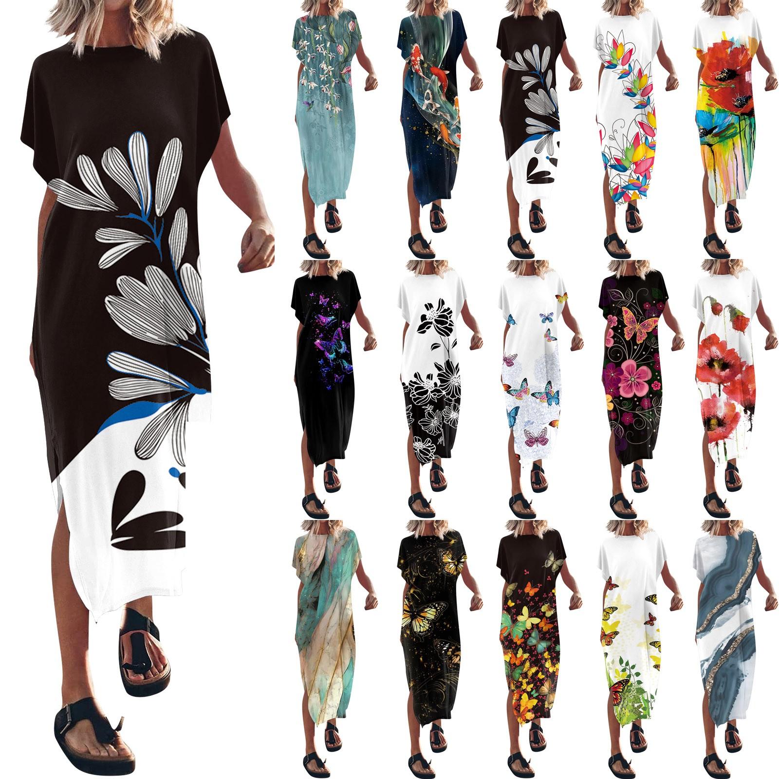 

Женское летнее модное сексуальное летнее платье макси с короткими рукавами и принтом, пляжное платье