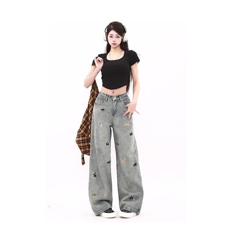 Plus Size Women s Puppy Embroidered High Waist Wide Leg Jeans - Spring/Summer Retro Slimming Pants 4XL светло-синий