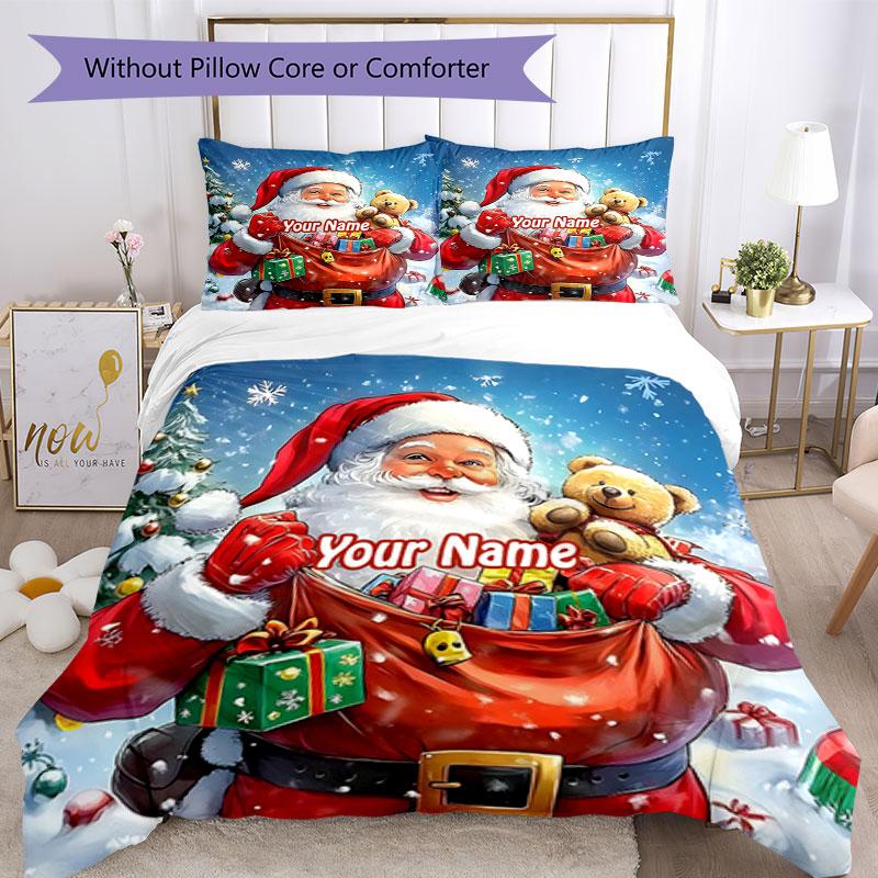 3PC Custom Name Santa Claus Gifts Teddy Bear. Bedding Set Duvet Cover Closure Includes 1 Duvet Cover & 2 Pillowcases for Bedroom
