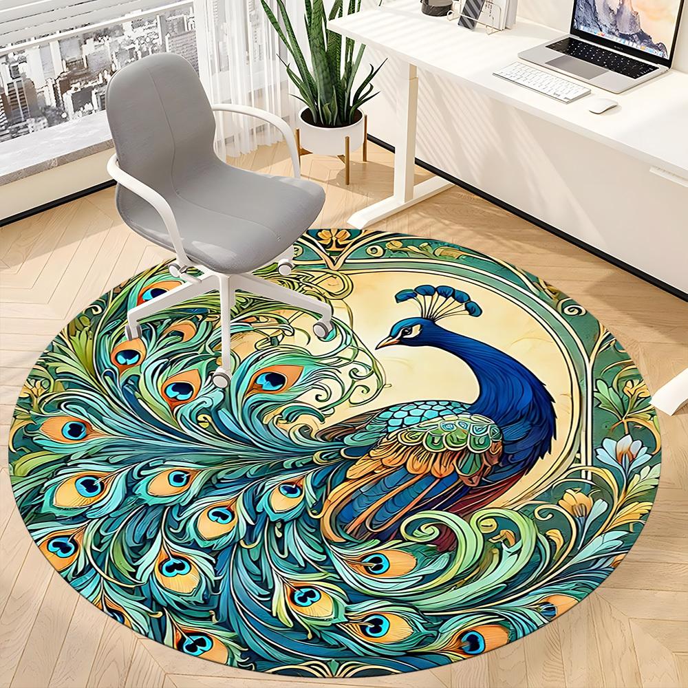 1pc Peacock Feather Office Round Area Rug, Under Office Chairs Bedroom Living Room Home Decor, Room Deco