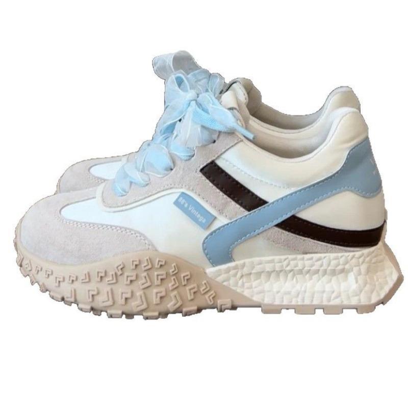 Genuine Leather~ Inner Height Increase of 7cm Women's New Small Platform Casual Shoes Ribbon Color Matching